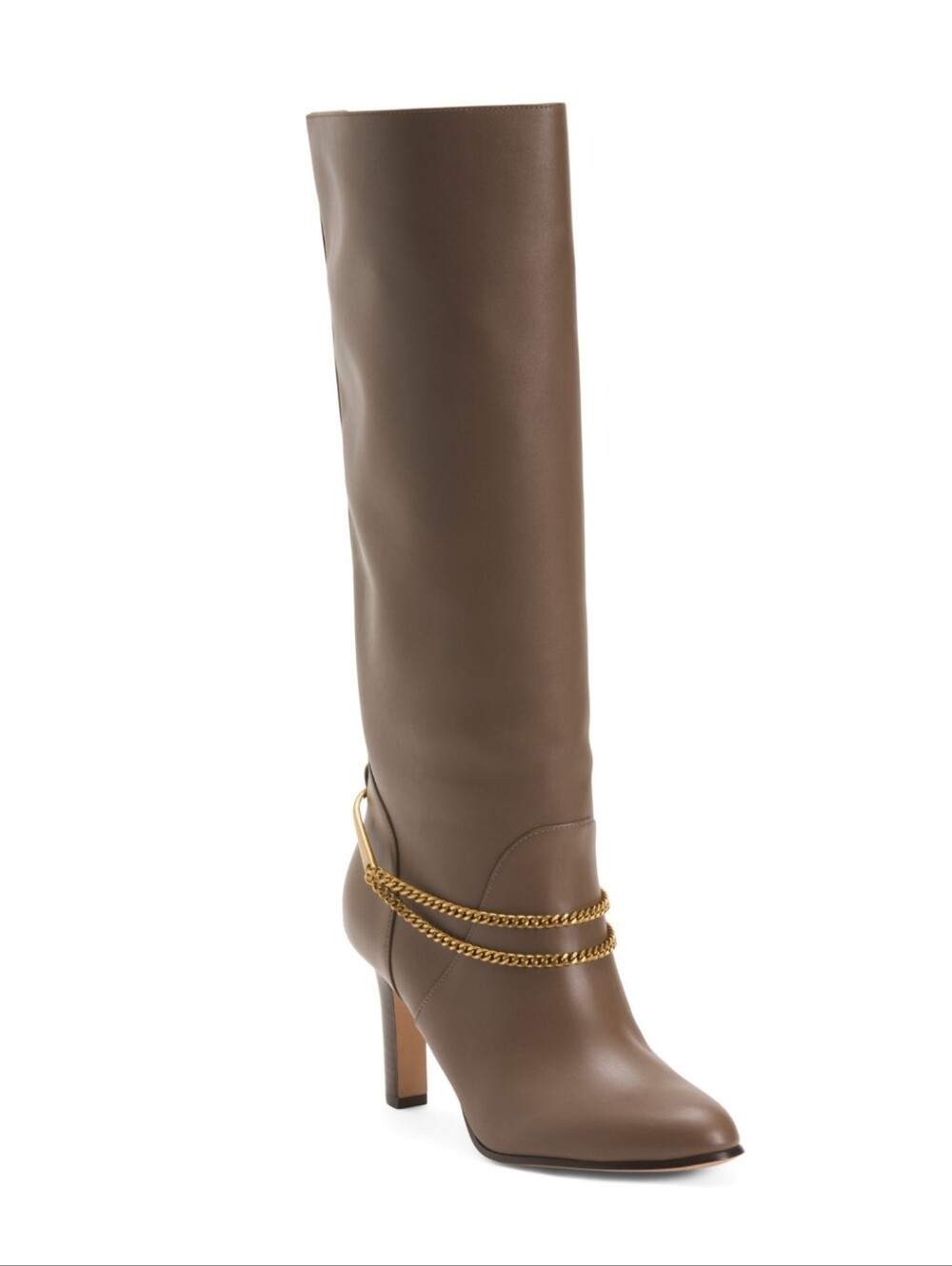 Veronica Beard Brown Tall Leather Boot with Gold Chain Detail